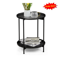 Tcbosik 2 Tier Metal End Table, Indoor & Outdoor Weather Resistant End Table with Removable Tray and Open Shelf for Living Room, Bedroom, Balcony, Backyard, Garden, Patio, Black