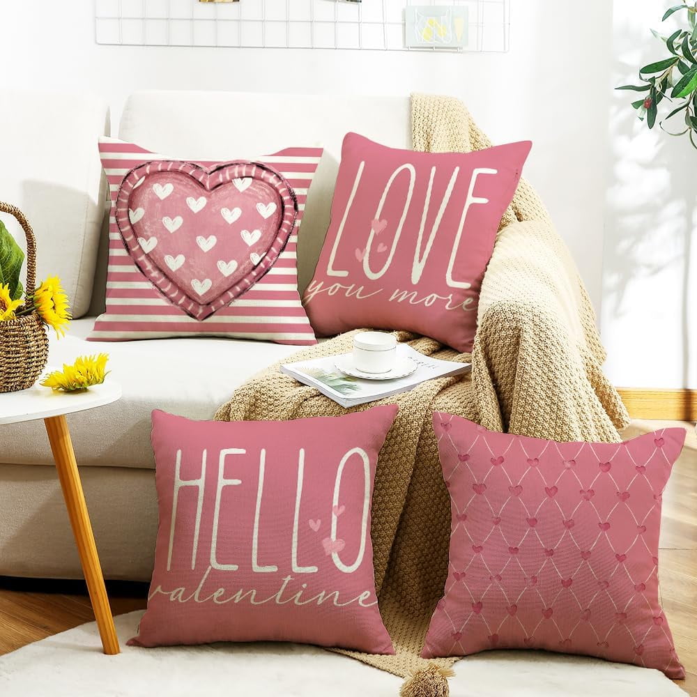 Valentines Day Pillow Covers 20 x 20 Inch Set of 4 Hello Valentine Love You More Pink White Stripes Heart Throw Pillows Decorative Cushion Cases Valentines Decor Pink