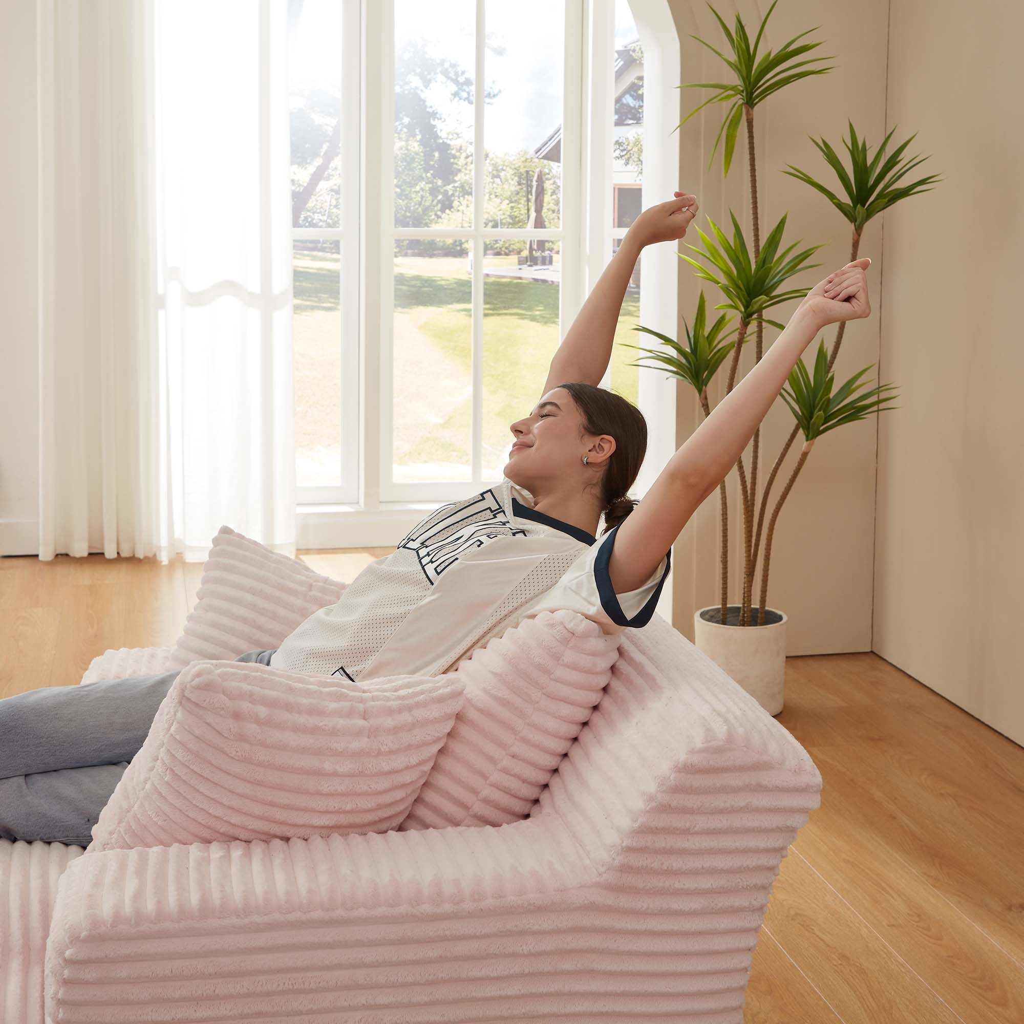 Miniyam 79 x 49 in Pink Oversized Chaise Lounge Chair Indoor, Corduroy Upholstered Modern Sofa Couch,No Assembly Required,Comfy Sleeper Sofa for Living Room,Office