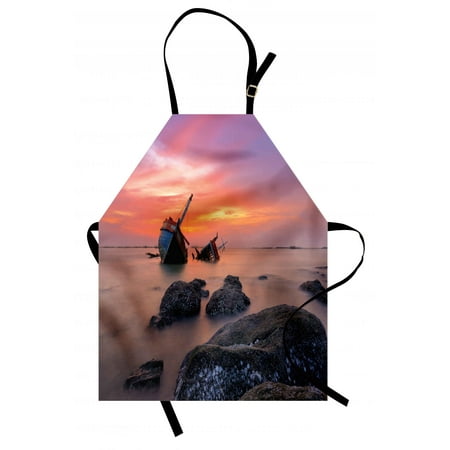 Shipwreck Apron Sunken Aground Boat Vessel in Foggy Water before Exquisite Sky at Sunset Image, Unisex Kitchen Bib Apron with Adjustable Neck for Cooking Baking Gardening, Orange Grey, by