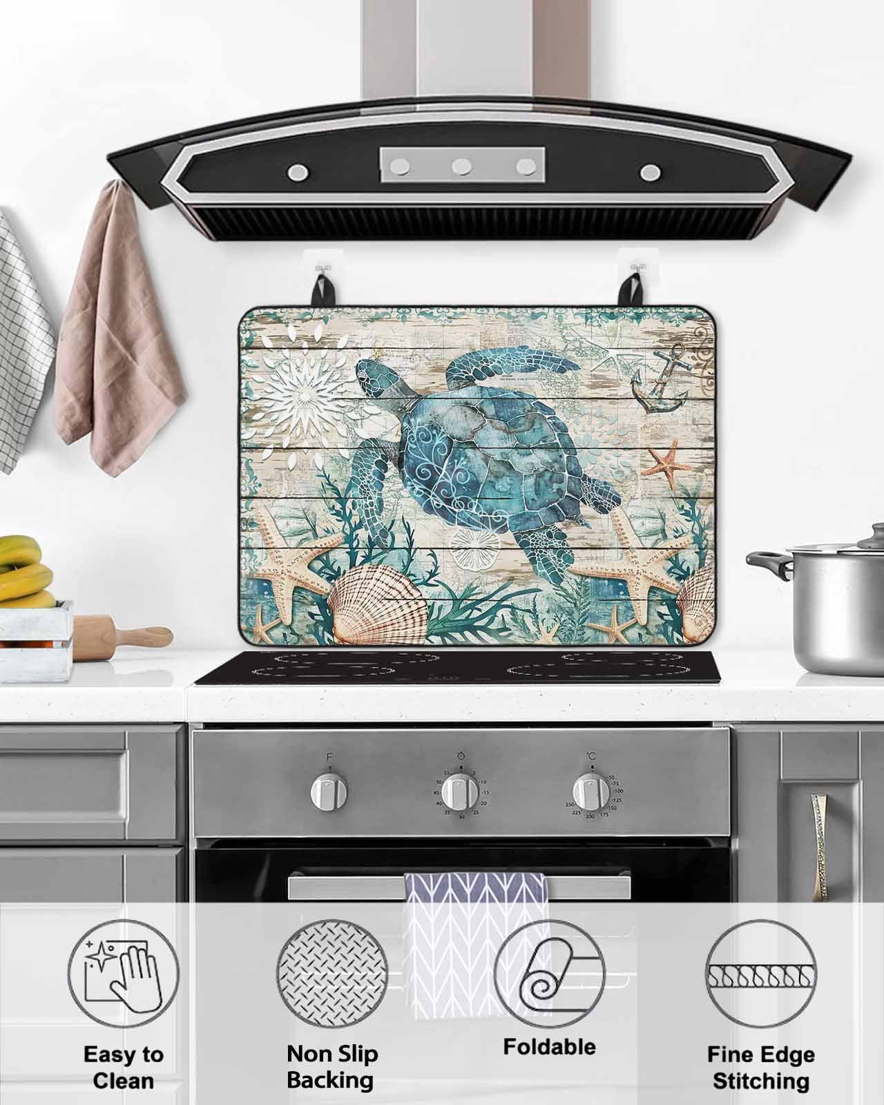 nqOlkjepod Large Induction Cooktop Protector Mat 36"x21", Teal Coastal Turtle Stove Top Covers for Electric Stove, Ocean Coral Nautical Anchor Retro Stove Burner Cover Mats, Glass Top Stove Cover