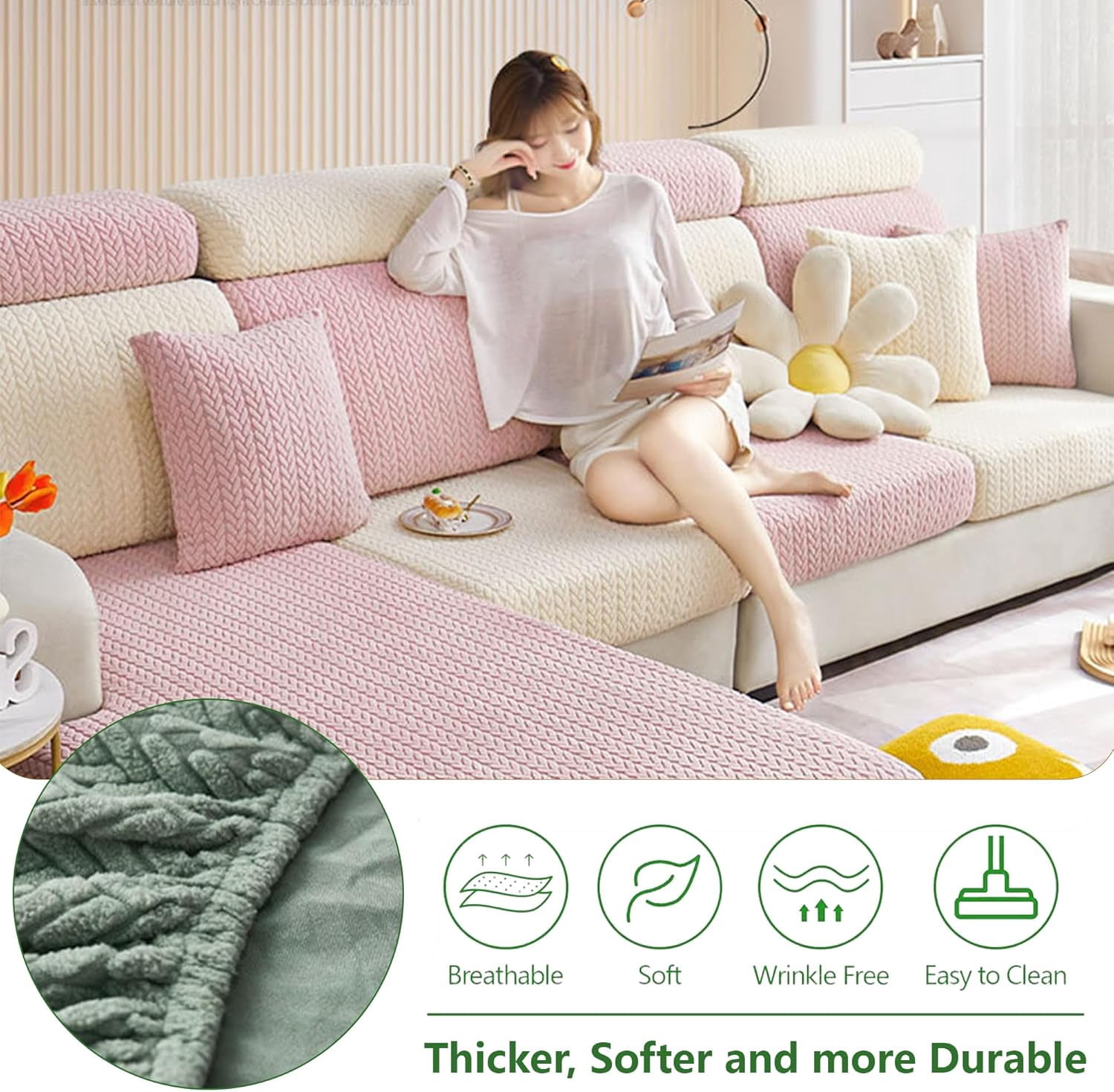 Sofa Covers Sectional Couch Covers:Washable Stretch Sofa Slipcovers,Wear-Resistant Universal Couch Cushion Replacement,3D Jacquard Velvet Magic Sofa Covers (Green, Large Triple Seat Cover)