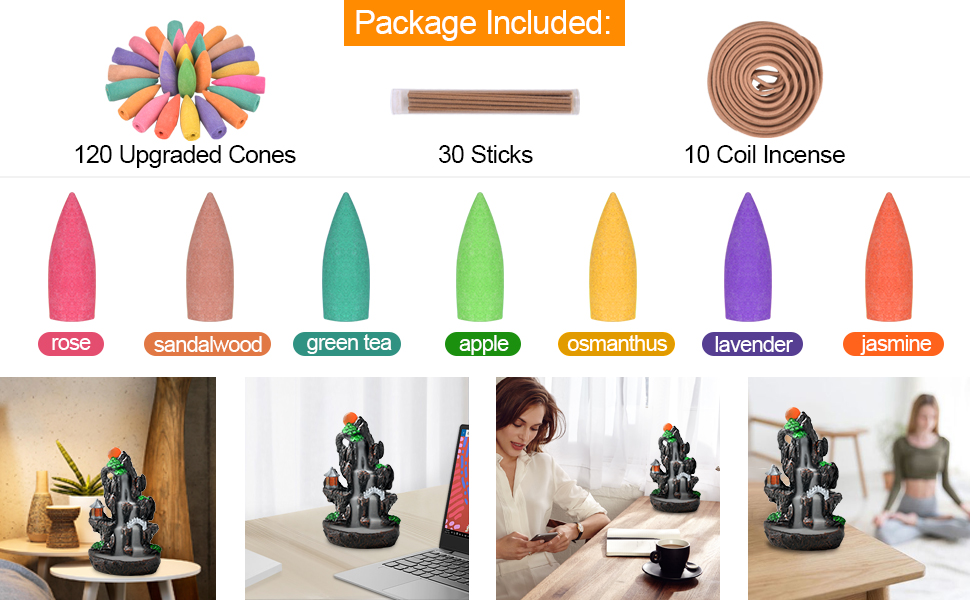 Backflow Incense Cone Burner Mountain Waterfall FY032/033 & 60pcs Cones Gift