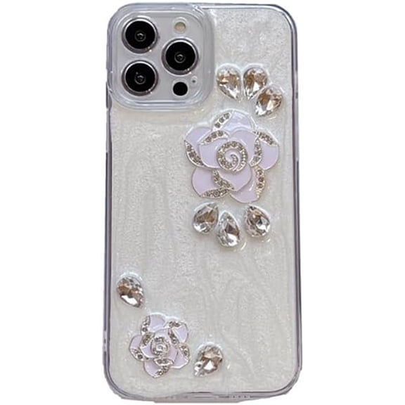 3D Camellia Sinensis Flowers Diamond Hard Phone Case Compatible with iPhone Case (White,iPhone 15 Plus)