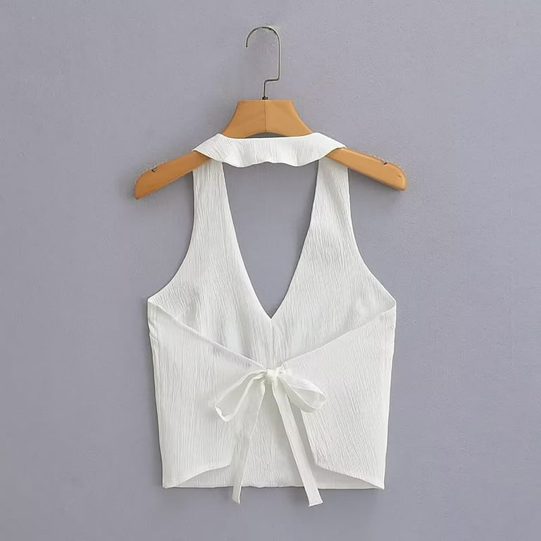 efu EATHER SLEEVELESS TOP ホワイトF White Ribbed Top - Cross-Front Sleeveless Top - Cross Front