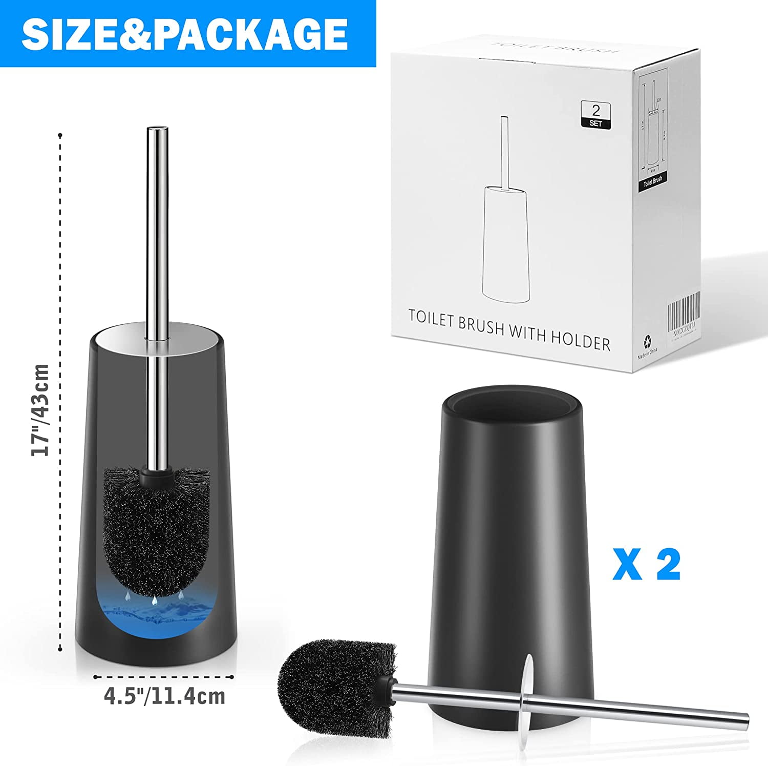 Toilet Brush and Holder, 2 Pack Toilet Brush with 304 Stainless Steel Long Handle, Toilet Bowl Brush for Bathroom Toilet-Ergonomic, Elegant,Durable (Black)