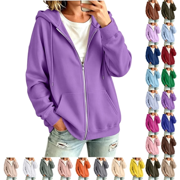 UDAUDU Zip Up Hoodies for Women Fall Winter Casual Sweatshirts Zipper Fashion Comfortable Oversized Lightweight Cute Jackets with Pockets Light pink S