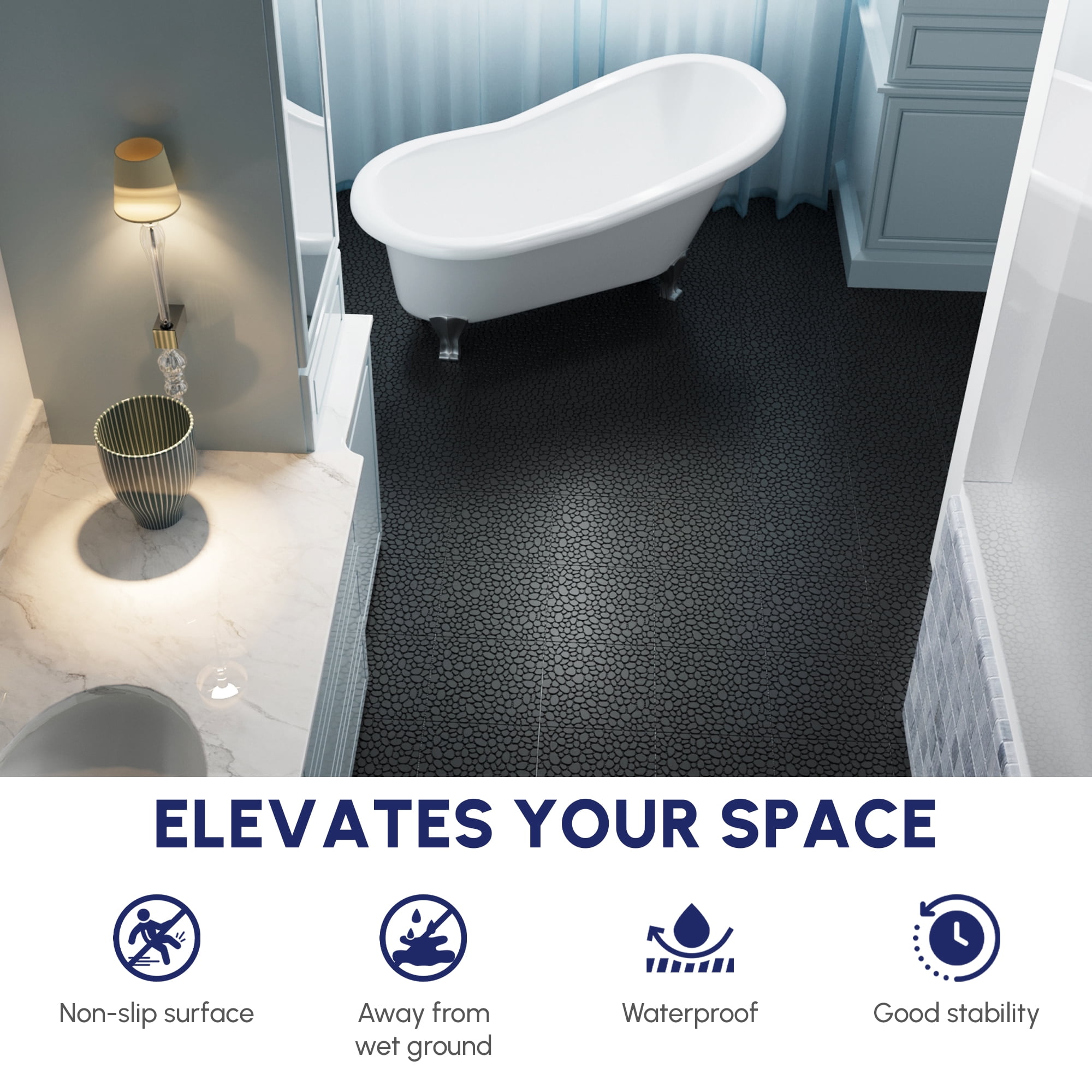 12 x 12 Inch Black Pebble Stone Pattern Interlocking Deck Tiles, Anti-slip Outdoor Floor Tiles with 440 LBS Weight Capacity for Bathroom Shower Balcony Porch Backyard Patio, Pack of 12