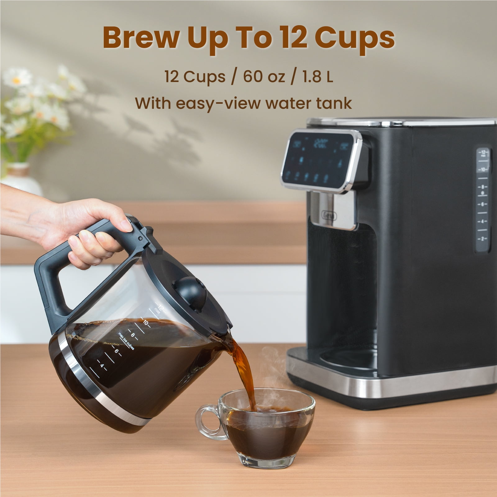 Gevi 12-Cup Programmable Drip Coffee Maker, Touch Screen Control, Auto Shut-Off, Iced Coffee Function, Anti-Drip System - Perfect for Home & Office