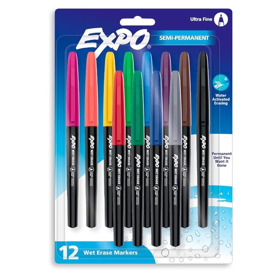 EXPO Vis-a-Vis Wet Erase Markers, Ultra Fine Point, Assorted, 12 Count