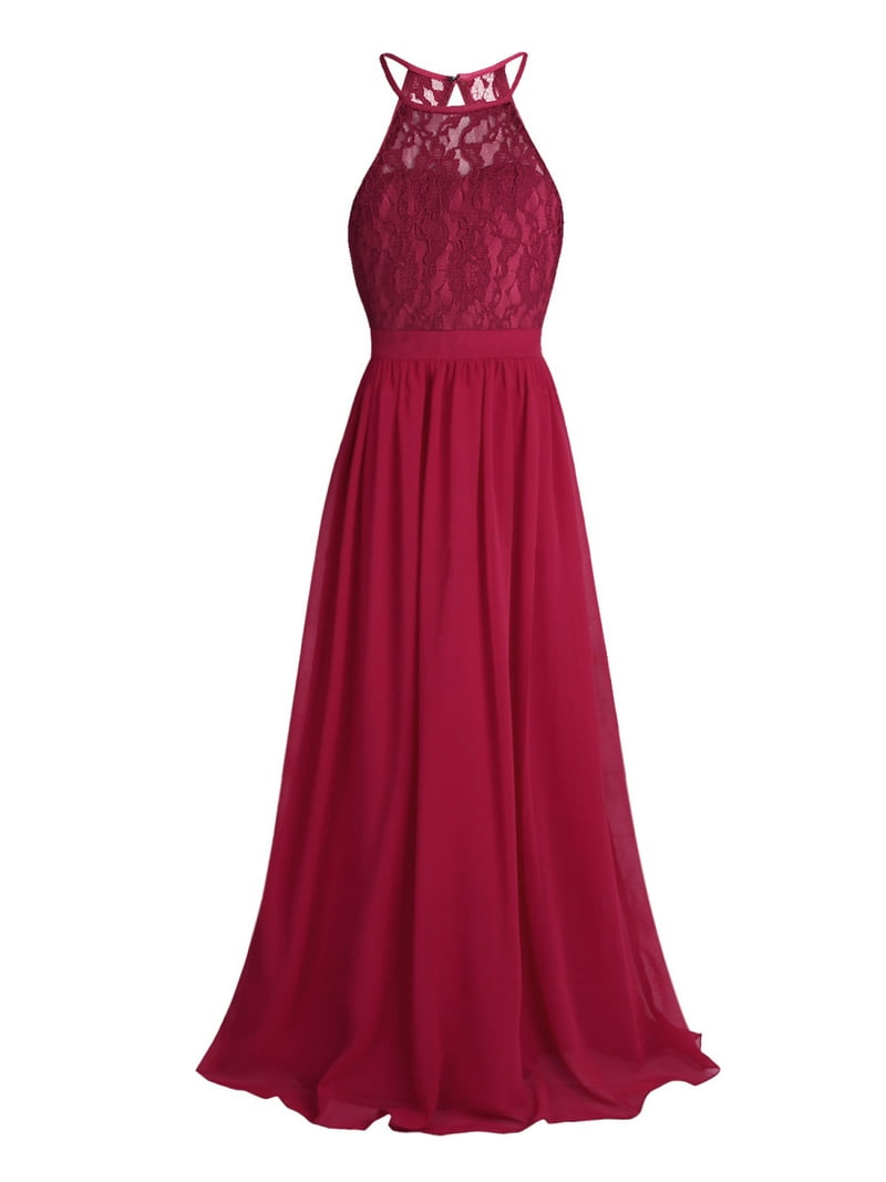 renvena Girls Halter Lace Chiffon Wedding Bridesmaid Dress Princess Junior  Formal Party Prom A Burgundy 10 - Walmart.com