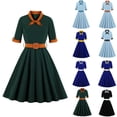 thumbnail image 1 of Soldes d'Été Iumwxz Robes à Col à Revers Manches Courtes pour Femmes Tunique Rétro à Fermeture Éclair Robe à Grand Ourlet avec Ceinture Robe Graphique à Blocs de Couleur Robe d'Invitée de Mariage Robes Amples et Fluides, 1 of 4