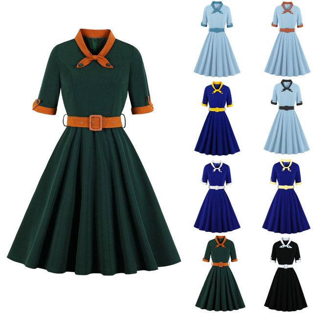 Soldes d'Été Iumwxz Robes à Col à Revers Manches Courtes pour Femmes Tunique Rétro à Fermeture Éclair Robe à Grand Ourlet avec Ceinture Robe Graphique à Blocs de Couleur Robe d'Invitée de Mariage Robes Amples et Fluides