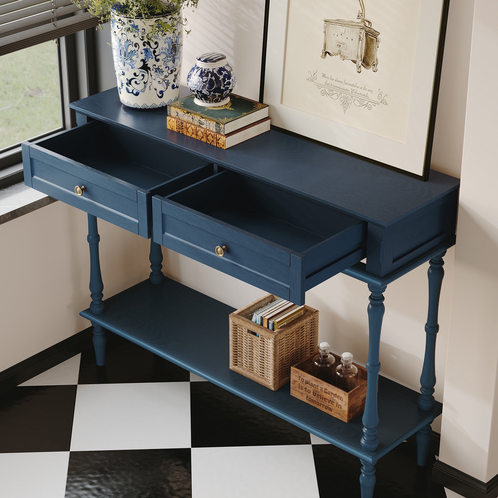 HLR 40" Modern Console Table, Assembled Entryway Table with 2 Drawers for Living Room, Blue