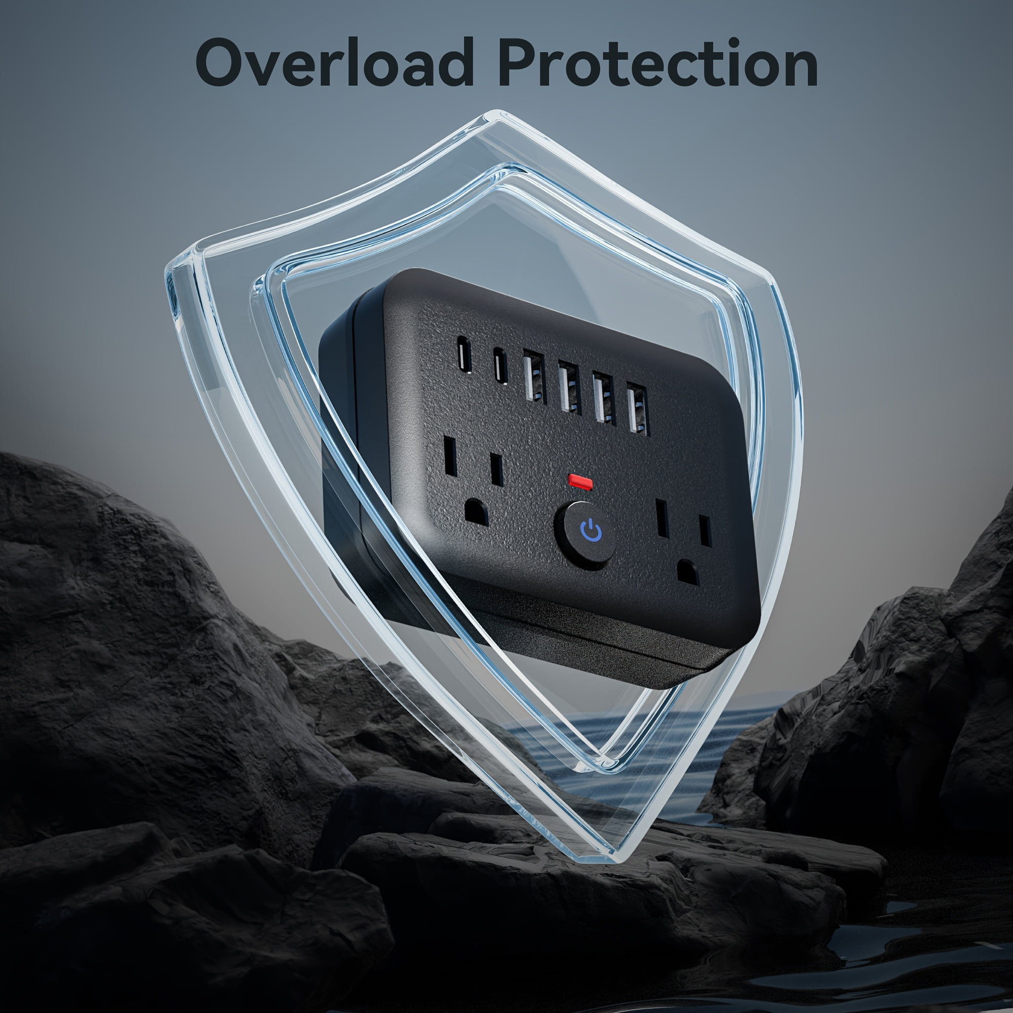 Mini Surge Protector Power Strip: 8-in-1 with 2 AC Outlets, 4 USB Ports, 2 USB-C, Overload Protection, Wall Mount, US Plug for Travel, Home, Office - Black