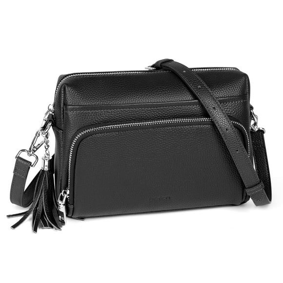 Bolso bandolera con cartera RFID negra de piel auténtica para mujer