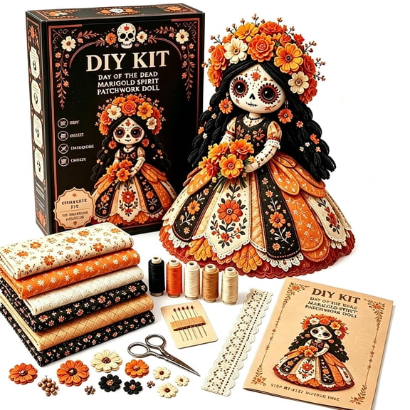 Day of the Dead Patchwork Doll DIY Kit, Halloween DIY Patchwork Skeleton Set, Halloween Sewing Craft Kit with Floral Lace & Sugar Skull Design, Little Ghost's Cozy Halloweens DIY Patchwork Kit