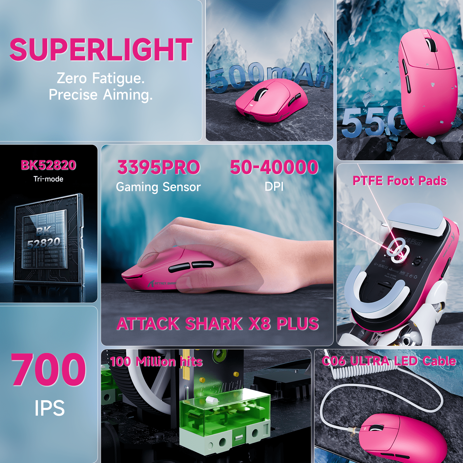 ATTACK SHARK X8PLUS Tri-mode Wireless Gaming Mouse With C06 ULTRA Cable