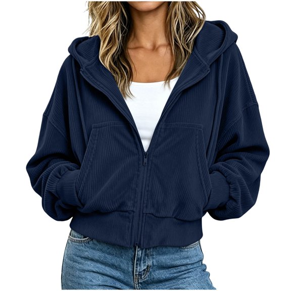 Ozmmyan Womens Cropped Zip Up Hoodie Ribbed Texture Drawstring Hooded Sweatshirt Jacket with Pockets Casual Fall Outerwear Streetwear Top