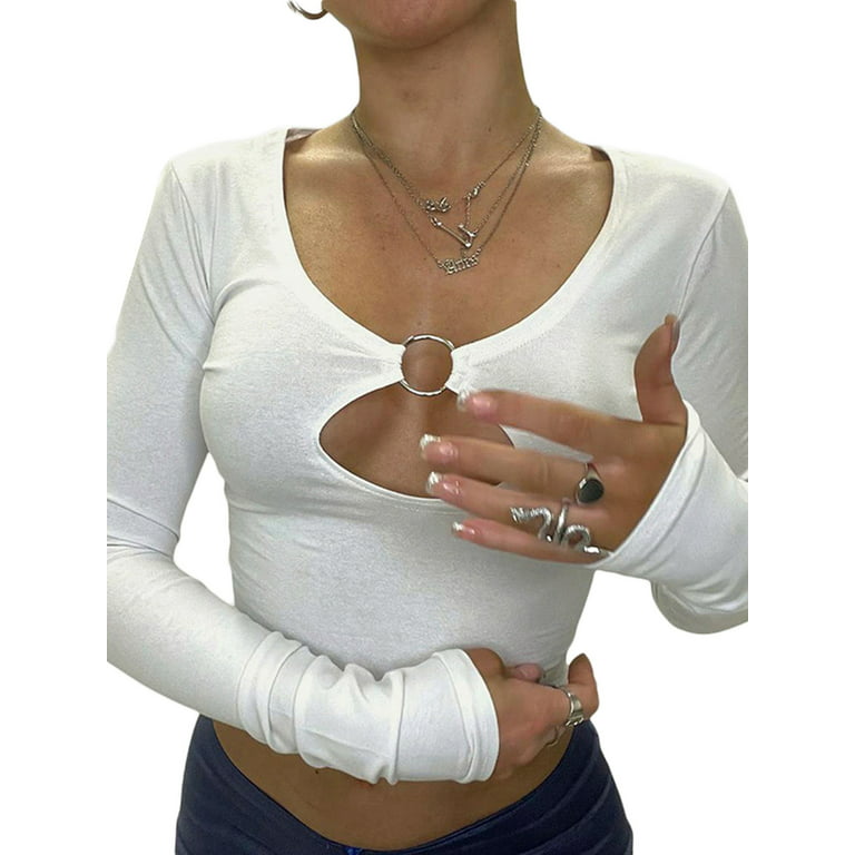 Gureui Women's Long Sleeve Tops Sexy Cutout Mock Neck Solid Hollow