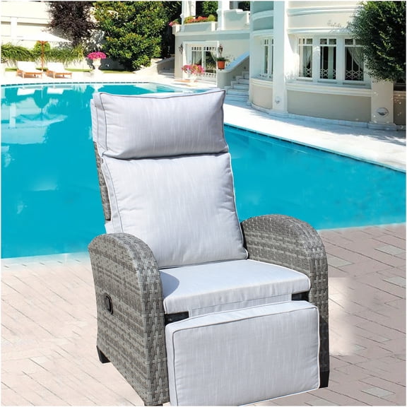 JERFIT Outdoor Recliner Chair with Cushions, Adjustable PE Wicker Lounge Chair for Patio, Poolside, All-Weather Grey Rattan Furniture