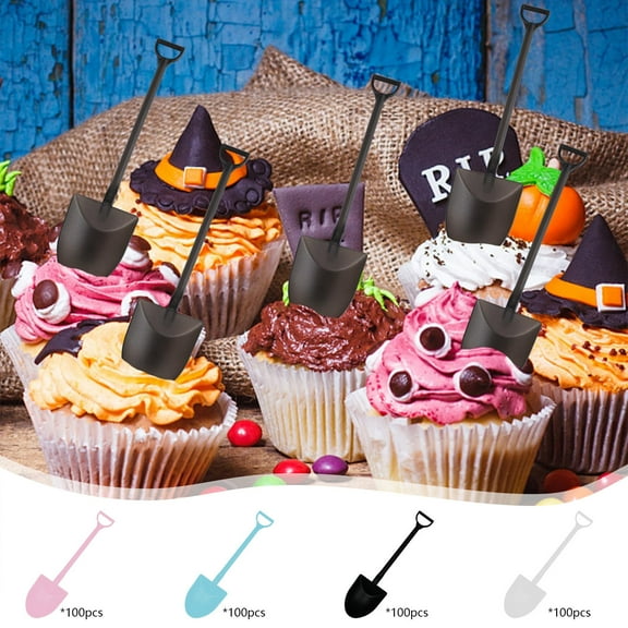 Disposable Plastic Shovel Dessert Spatulas | 100 Pack | Mini Cake Pudding Ice Cream Spoons | Sturdy Party Utensils | Assorted Black Blue Pink White | 4.72 x 1.14 in | Fun Halloween Tableware