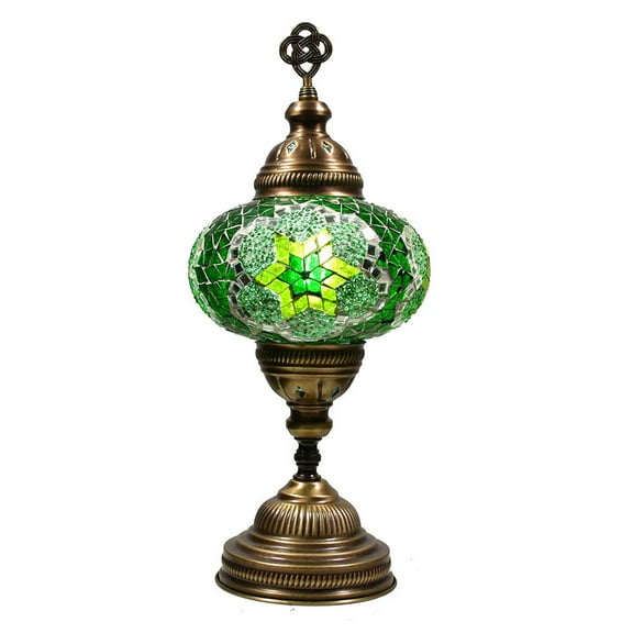 KusKuus Handmade 14" LED Turkish Lamp Decorative Moroccan Lamp Mosaic Boho Bedside Night Lamp Vintage Mosaic Table Lamp Stained Glass Globe and Brass Color Base with 8W LED Bulb and US Plug BSC2