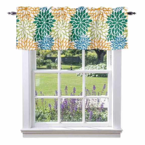 Watercolor Floral Valances for Windows, Coastal Orange Green Blue Flower Valance Window Treatment Rod Pocket Short Curtains Valances for Kitchen Bathroom 60"W x 14"L