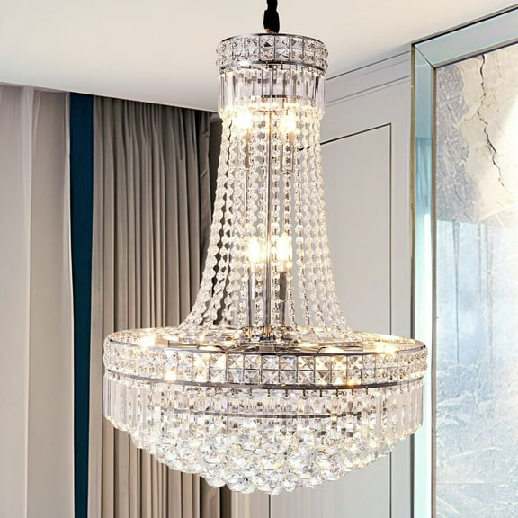 KPIBEST Modern Empire Style K9 Crystal Chandeliers Light - D24 inch, 13 Lights Ceiling Haning Chandelier, Pendant Lighting for Living Room, Dining Room, Foyer, Entryway, Hallway Silvery