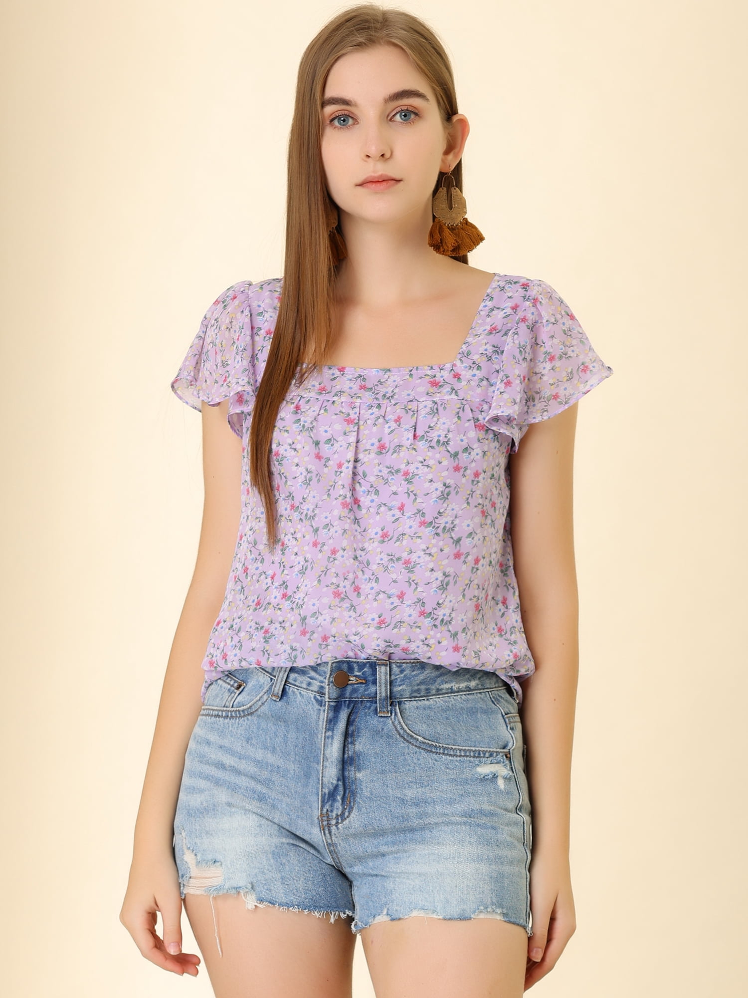 DARING DIVA Square Neck Ruffle Sleeve Chiffon Blouses 2XL Purple