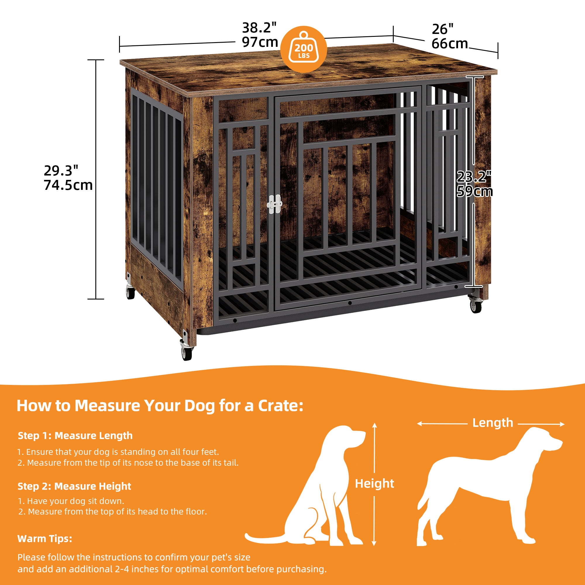 Craftian 38.2 inch Dog Kennel Furniture, Indoor Dog Crate Furniture with Wheels, Ideal for Small Medium Large Dogs - Rustic Brown