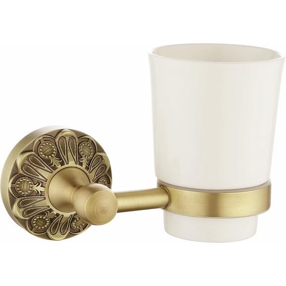 Antique Brass Toothbrush Holder, Wall Mounted Bathroom Tumbler Cup Set, Vintage Gold Decorative Bathroom Accessories, Ceramic and Brass, Petal-Relief Series