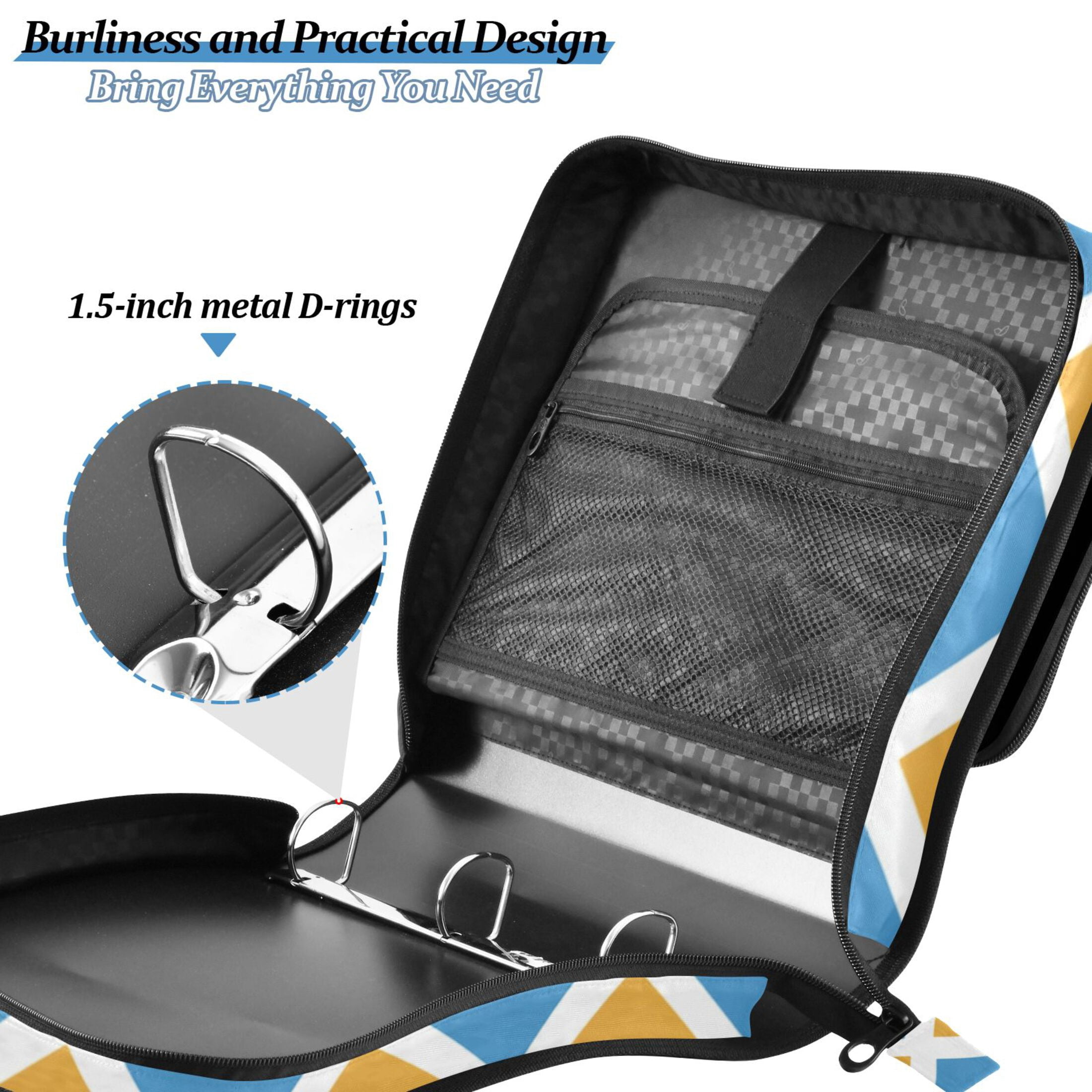 3 Ring Zipper Binder with Shoulder Strap Waterproof Trapper Keeper 2 Inch D-Ring 500 Sheets Capacity Blue Yellow Block