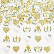 Greenery Baptism Party Decor 200pcs Gold Glitter Baptism Confetti Baptism God Bless Party Supplies Cross Floral Table Decors Scatter for First Holy Communion Christian Cross Baby Shower