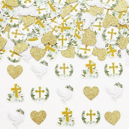 Greenery Baptism Party Decor 200pcs Gold Glitter Baptism Confetti Baptism God Bless Party Supplies Cross Floral Table Decors Scatter for First Holy Communion Christian Cross Baby Shower