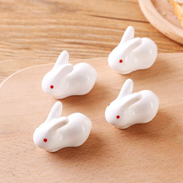 ZHAOCHENG 8 piezas Mini lindo conejo soporte de cerámica para palillos chinos soporte para cuchara tenedor cuchillo