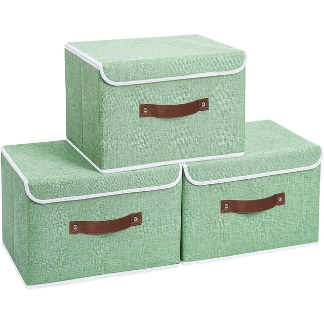 Cajas de almacenamiento con tapa (paquete de 3), plegables y con asa, para organizar juguetes, ropa y oficina, 37 x 25 x 25 cm, color verde