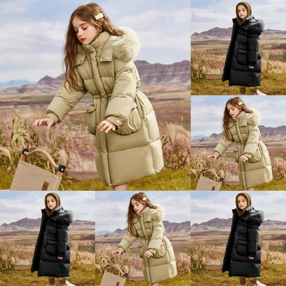 Hrsba Boys Girls Winter Outerwear Coats,Casual Jacket for Kids,Girls Down Jacket Mid-length Children's Thickened Coat Girls Large Collar Coat,Green,130