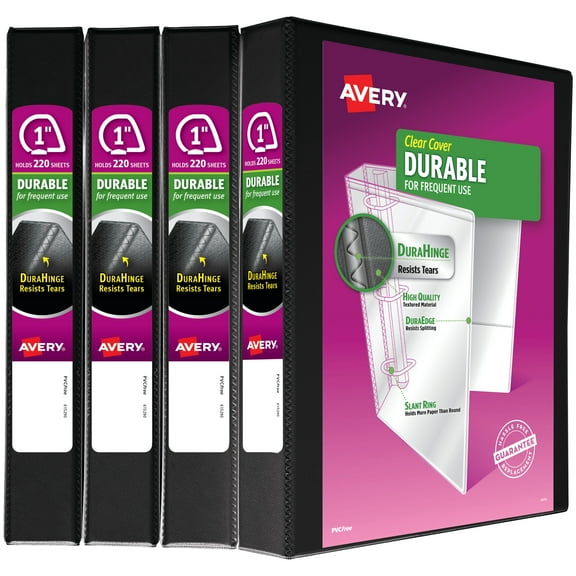 Avery Durable View 3 Ring Binders, 1" Slant Rings, 4 Black Binders
