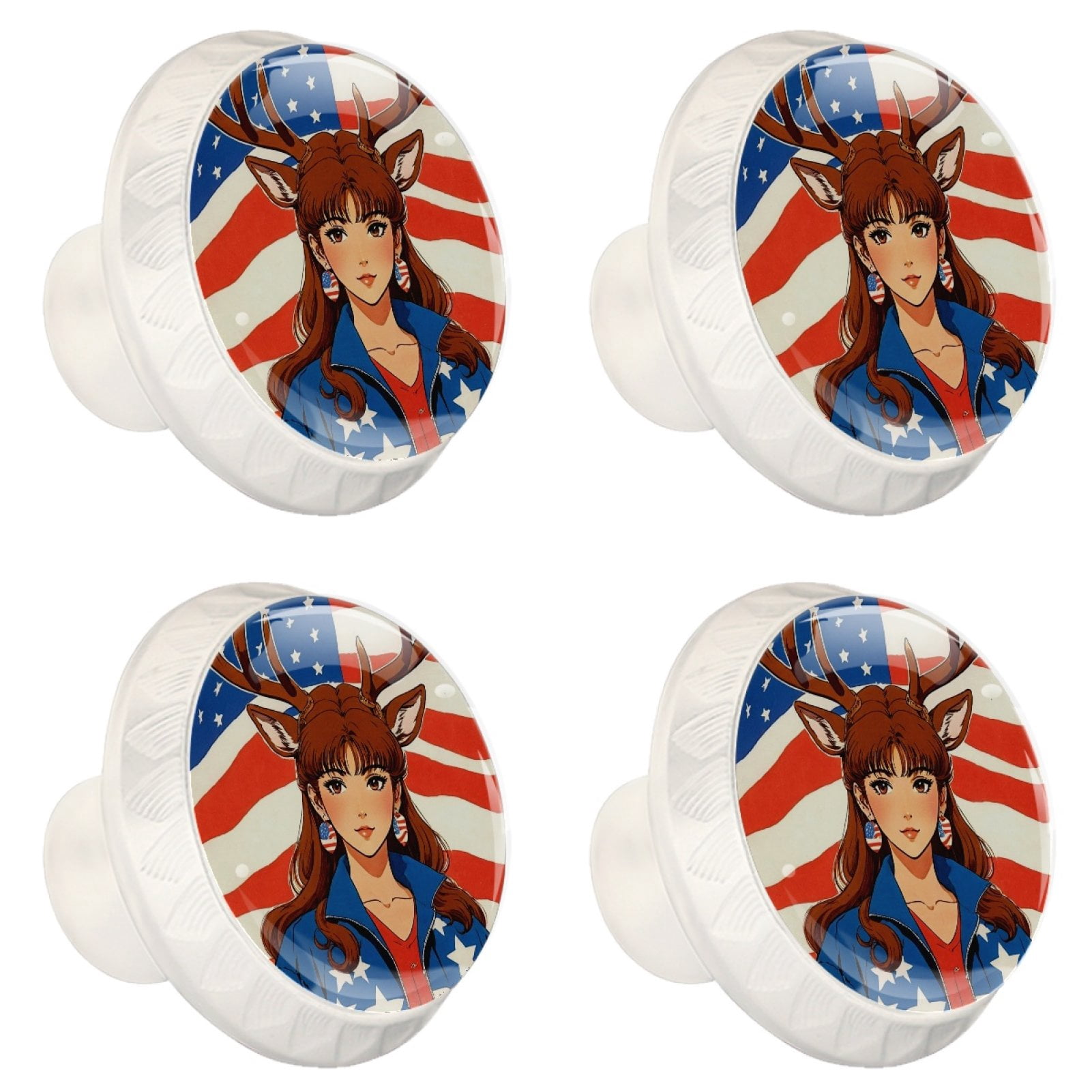 4 Pcs Deer Girl and American Flag Knobs for Kitchen Cabinet Cupboard Dresser Bookcase Drawer Pulls Handles Round Home Decor