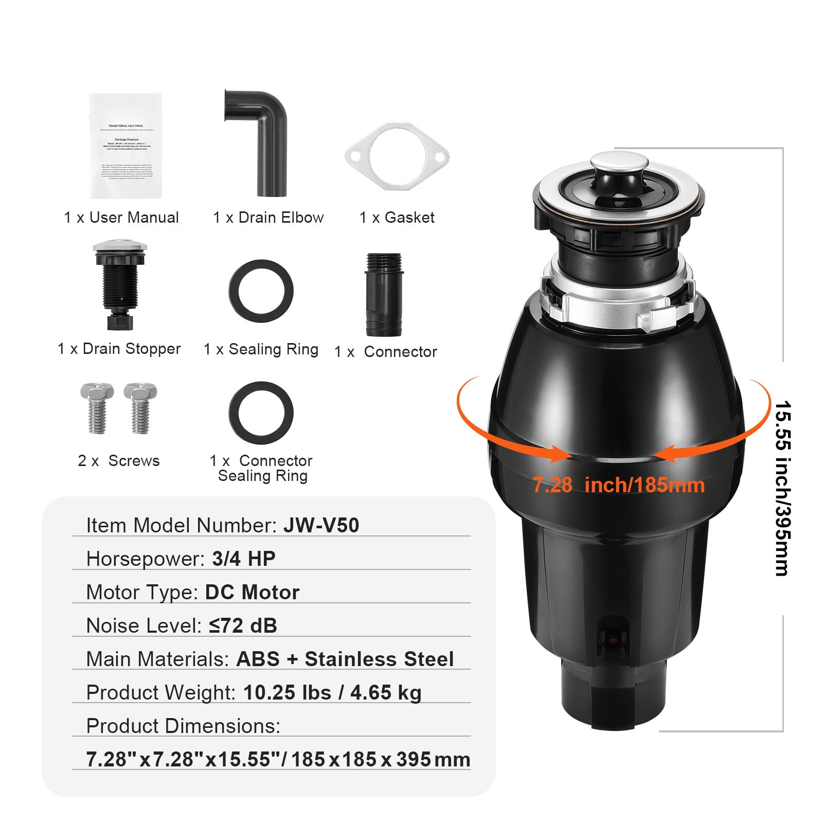 KFFKFF Garbage Disposal, 3/4HP 3250RPM Constant Operation Food Residue Eliminator, Simple Connection Food Residue Pulverizing System with Noise Diminishing, Electrical Cable & Splash Protector