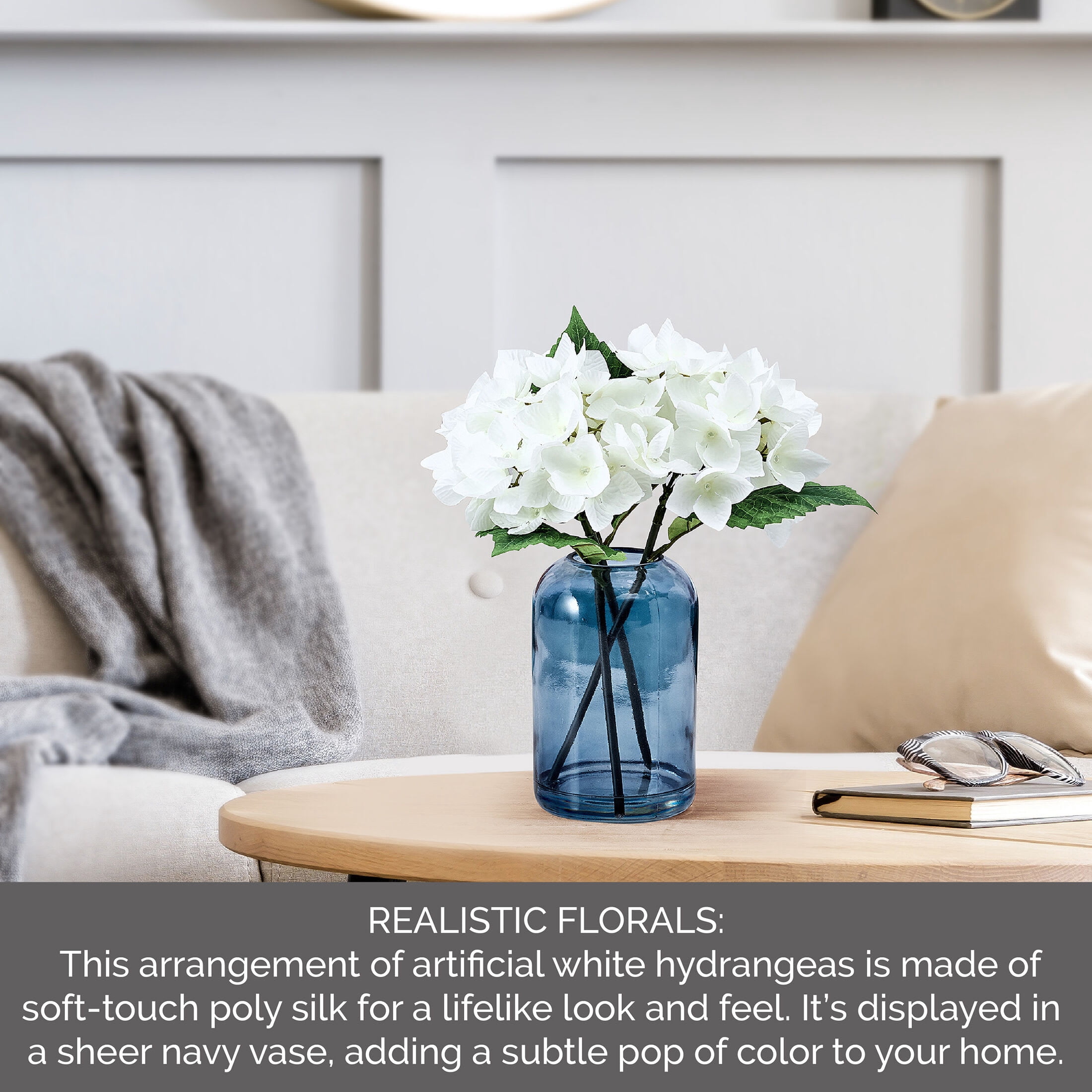 Elements 11.8 inch Realistic Look and Feel Artificial White Hydrangea Arrangement in Blue Glass Vase