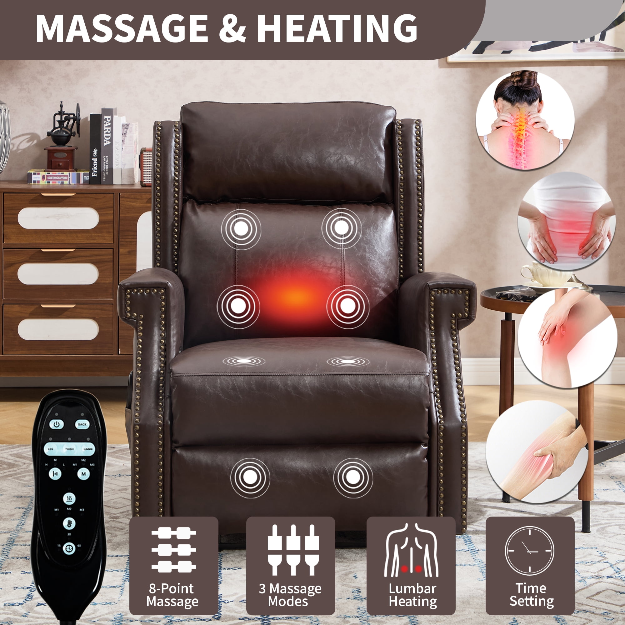 Leumius Recliner Chair for Elderly with Heat and Massage,Heavy Duty Recliners with Side Pockets for Living Room,Antique Brown