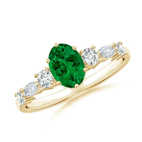 ANGARA Lab Grown Classic Oval Emerald Side Stone Engagement Ring for Women in 14K Yellow Gold (Size-7x5mm) | May Birthstone, Birthday, Anniversary, Jewelry Gift for Women | Lab-Grown Emerald Ring