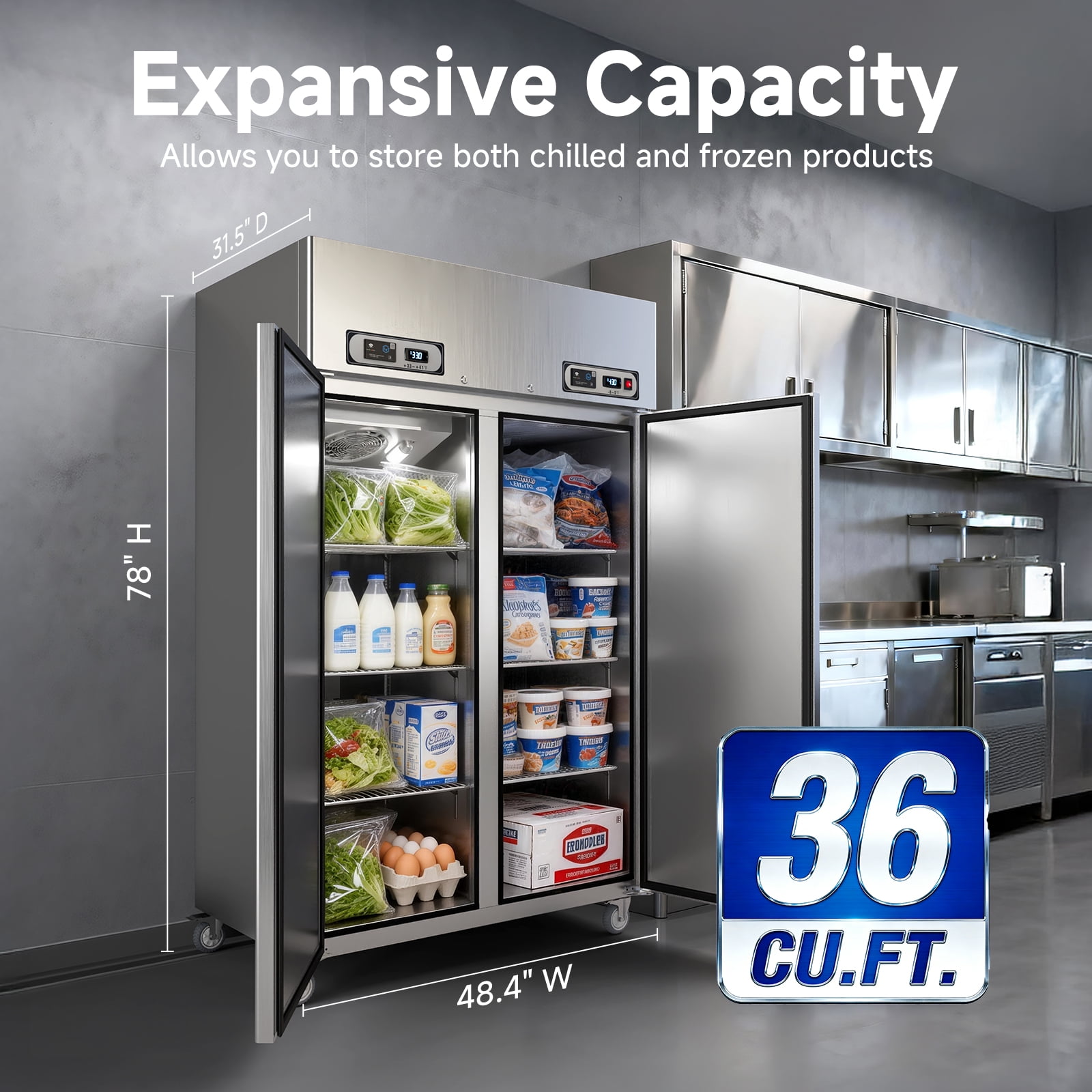 VEECOOL Commercial Refrigerator Freezer Combo WiFi Enabled with Smart App Control, 48" W 36 Cu.Ft Dual Temperature Stainless Steel Upright Fridge and Freezer Combo for Restaurant, Garage, Kitchen