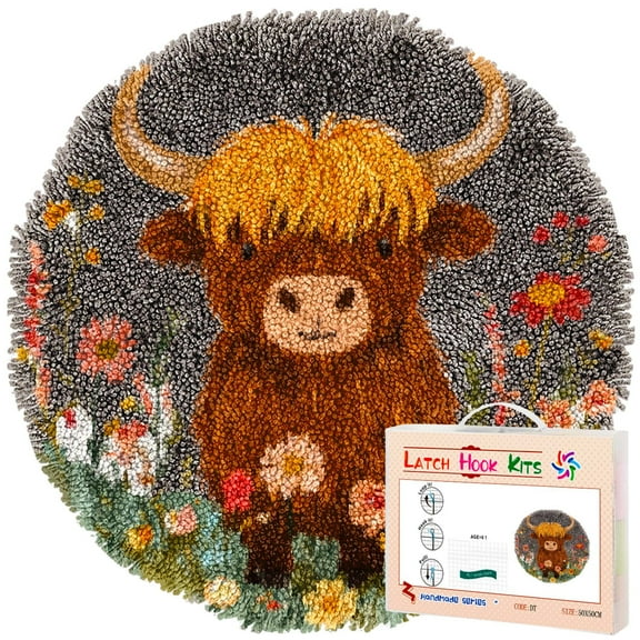 Latch Hook Rug Kit Cute Highland Cow in Flowers Stamped Handmade Round Shape Carpet Crochet Yarn Craft DIY Hook and Latch Door Mat Tapestry for Home Floor Decor 50x50cm(3)