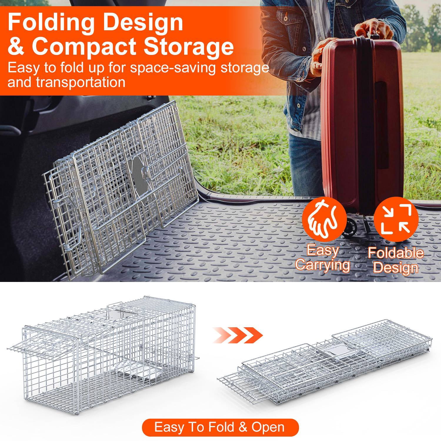 Heavy-Duty Live Animal Trap, 37x14x15 Inch Galvanized Mesh, Sensitive Pedal Trigger & Rear Release Door, Guarded Handle, Foldable Design for Raccoons, Armadillos, Small Dogs Under 55 lbs