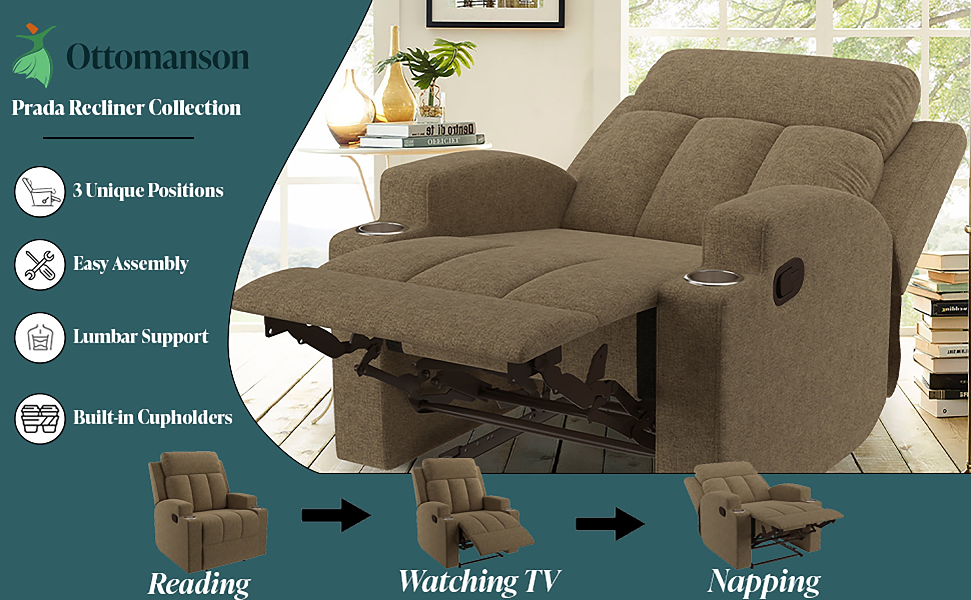 Easy Assembly Living Room Chairs Recliner Chair with Back Support Reading Chair with Footrest Ottomanson Fabric: Gray Polyester