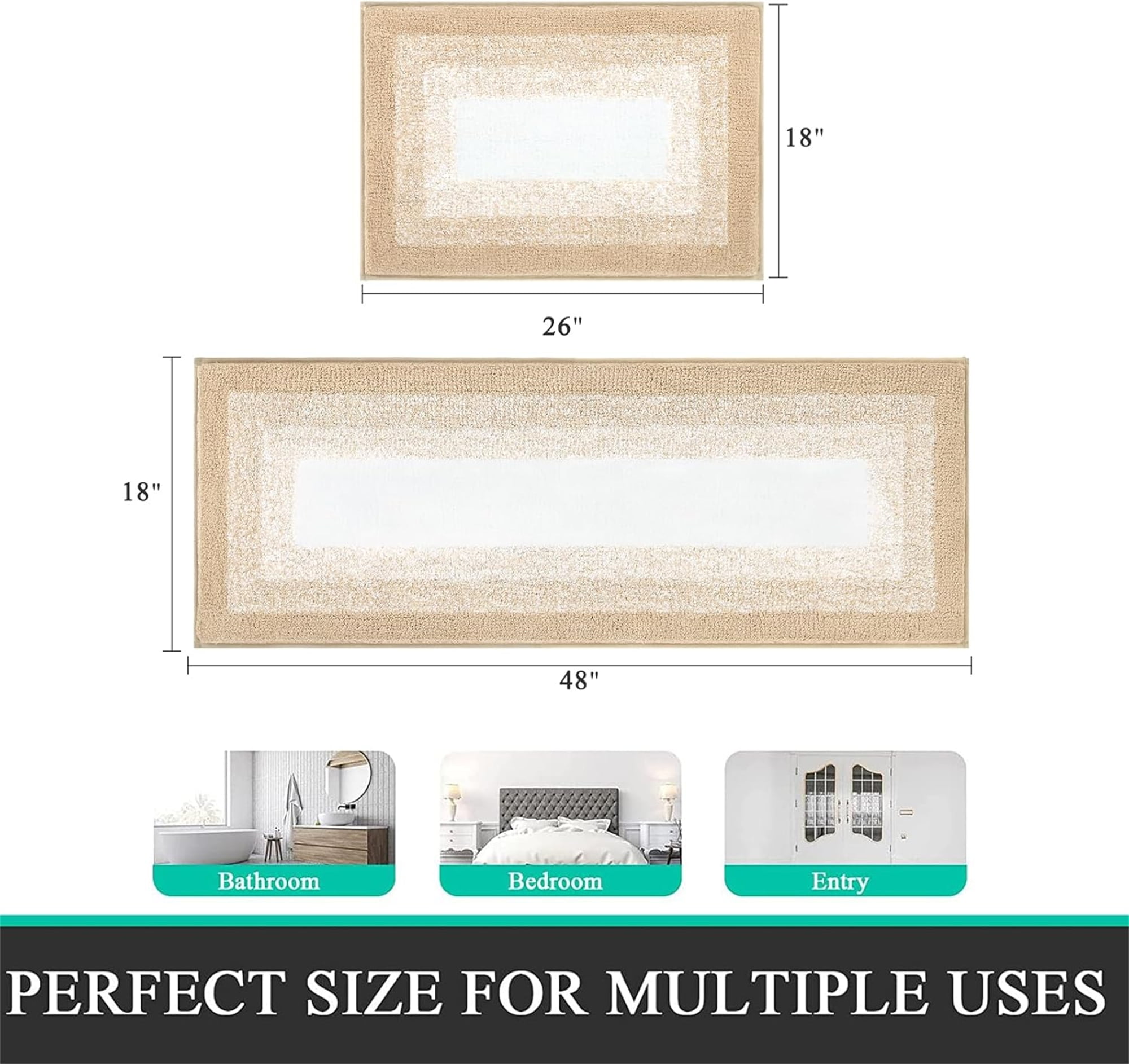 Ileading 2 Piece Bath Rug Set Microfiber Washable Non Slip Bathroom Rug and Mat Set, Beige