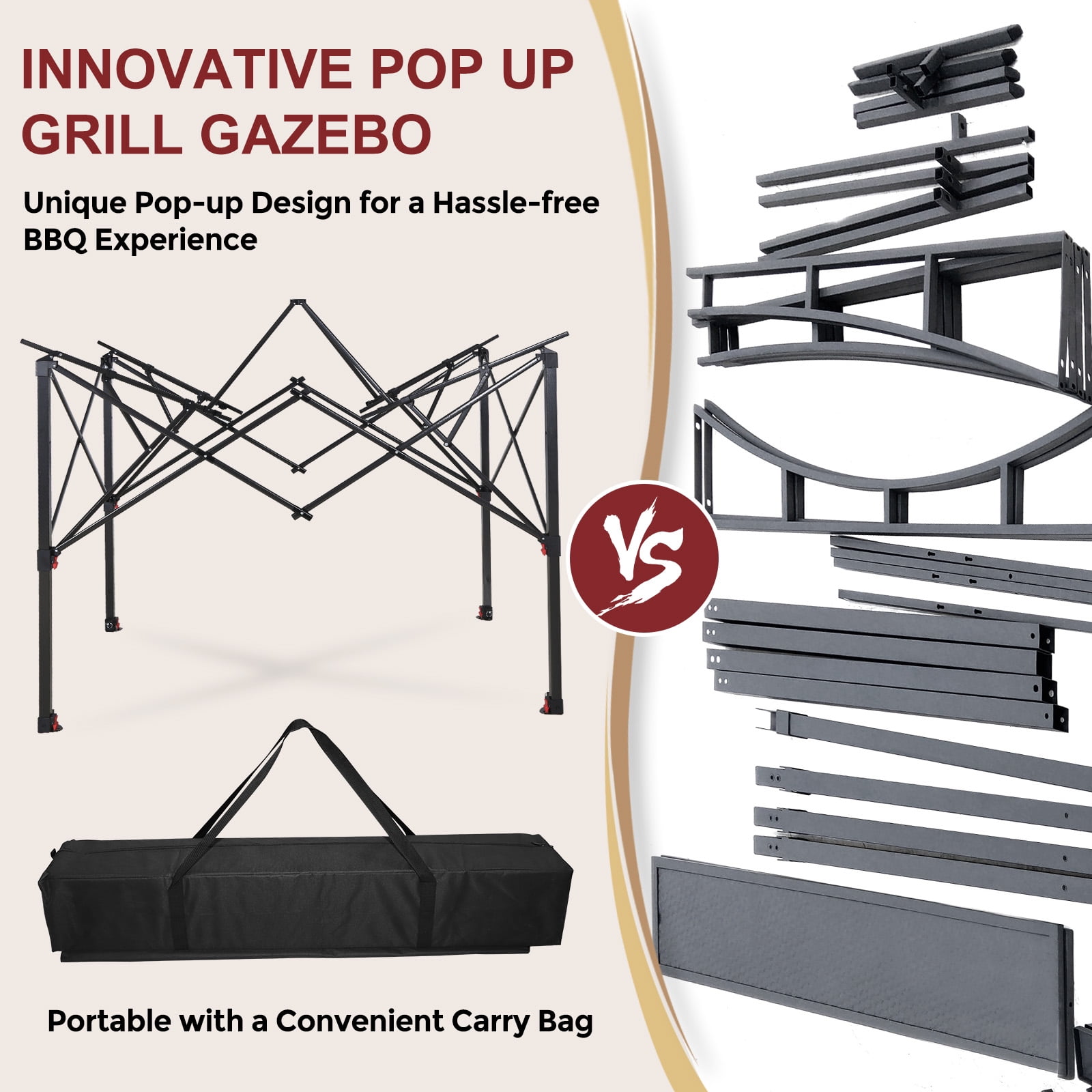 INTER HUT 8 x 5 Pop-up Grill Gazebo, Outdoor Portable BBQ Grill Patio Canopy, with Carrying Bag, Red